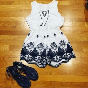 J by JOA Navy and White Embroidered Romper